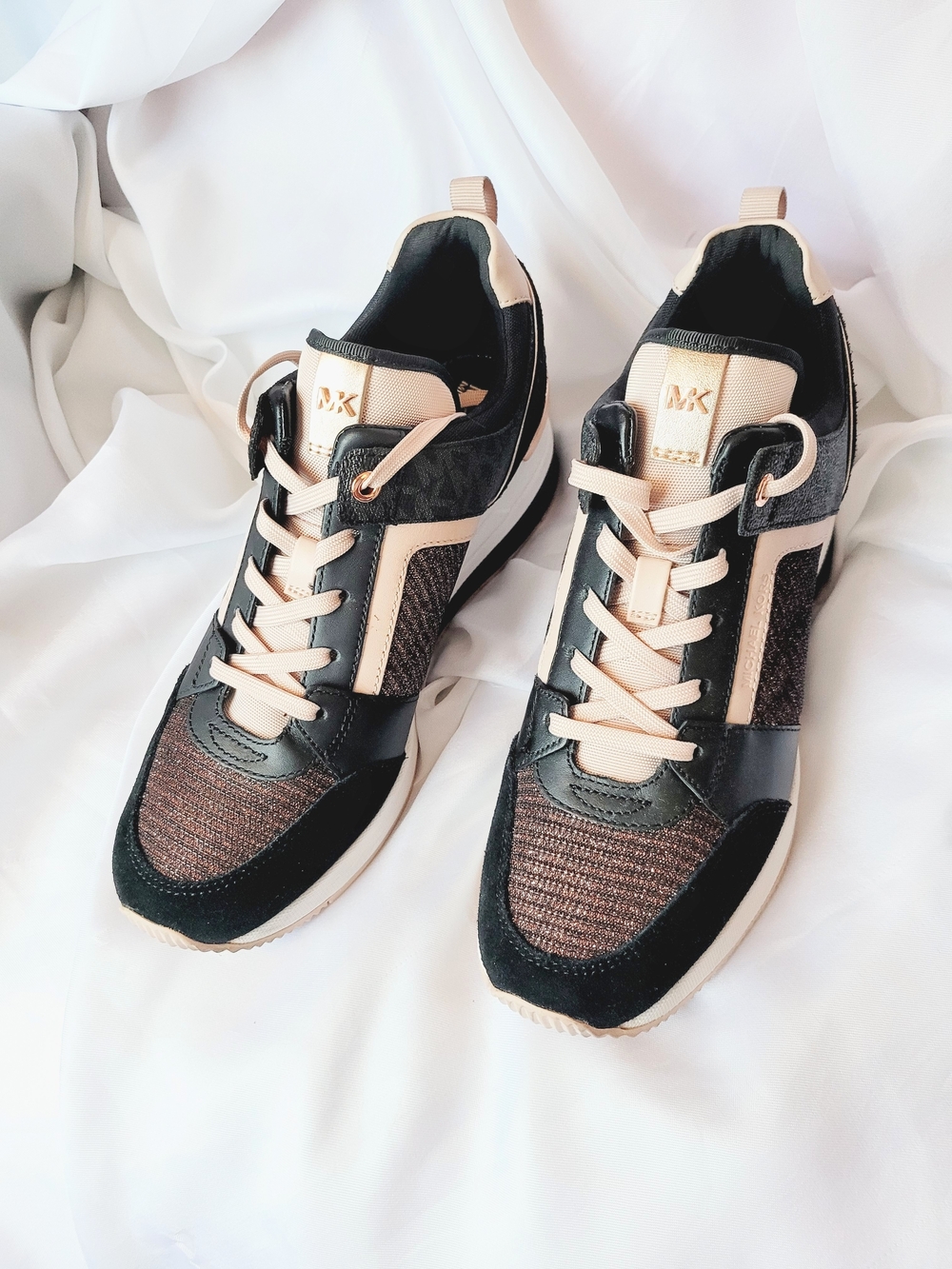 Michael Kors Black and Rose Gold Mixed-Material Women's Wedge Sneakers Size 8.5M